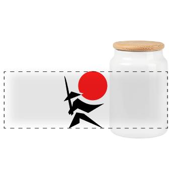 Abstraktes Bild mit Samurai Rot Schwarz - Panorama Keksdose mit Holzdeckel - Weiß - Vorne