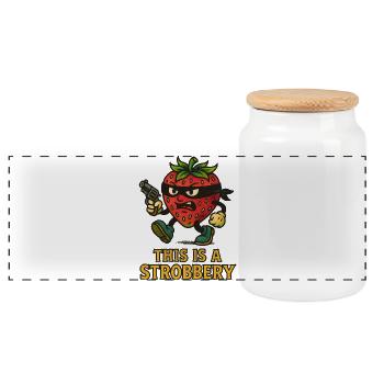 Strawberry Cartoon Design - Panoramic Cookie Jar with Wooden Lid - white - Front
