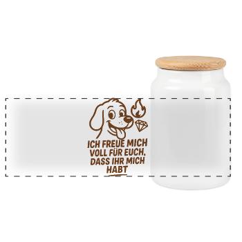 Lustiger Hund - ich freu mich voll für Euch Spruch - Panorama Keksdose mit Holzdeckel - Weiß - Vorne