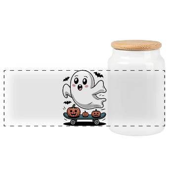 Gespenst auf Halloween-Skateboard - Panorama Keksdose mit Holzdeckel - Weiß - Vorne