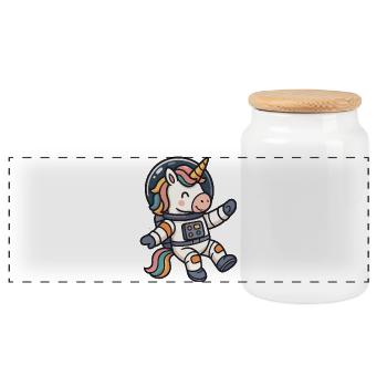 Imaginative Unicorn Astronaut Rainbow Mane - Panoramic Cookie Jar with Wooden Lid - white - Front