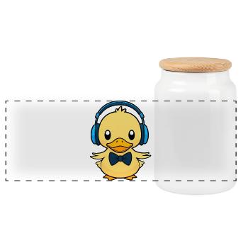 Cute duck with headphones - Panoramic Cookie Jar with Wooden Lid - white - Front