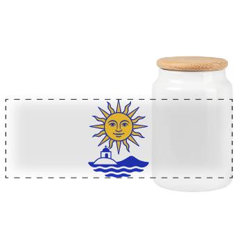 Greece Sun: Sun, Water, Chapel - Panoramic Cookie Jar with Wooden Lid - white - Front