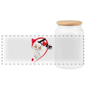 Katze mit der Aufschrift Liebe halbes Herz - Panorama Keksdose mit Holzdeckel - Weiß - Vorne