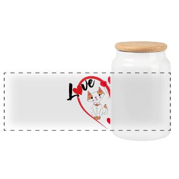 Katze mit der Aufschrift Liebe halbes Herz - Panorama Keksdose mit Holzdeckel - Weiß - Vorne