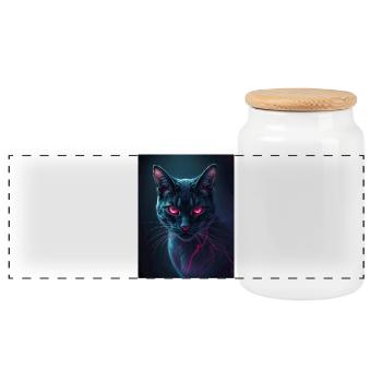 red eye cat - Panoramic Cookie Jar with Wooden Lid - white - Front