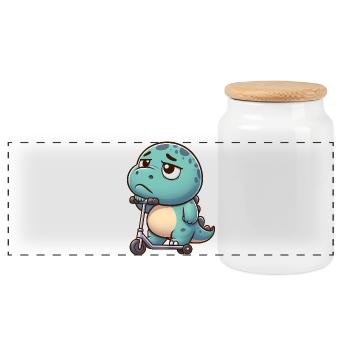Cute Dino Trex Scooter Cartoon Boredom - Panoramic Cookie Jar with Wooden Lid - white - Front