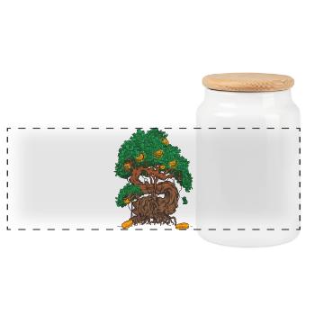 Money Tree bonsai with money leaves and gold coin - Panoramic Cookie Jar with Wooden Lid - white - Front