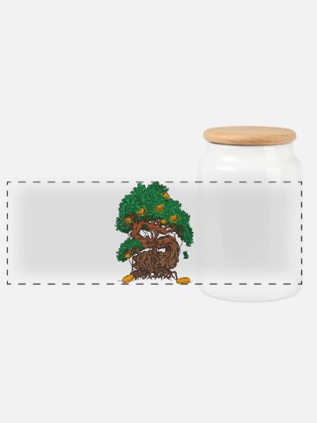 Geldbaum Bonsai mit Geldblättern und Goldmünze - Panorama Keksdose mit Holzdeckel - Weiß