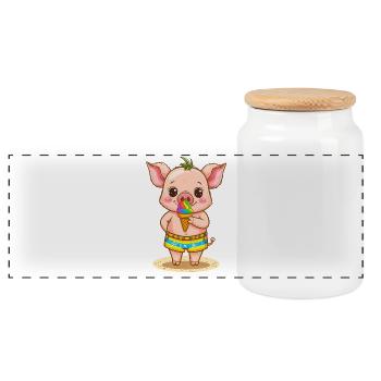 Kleines Schweinchen mit buntem Eis - Panoramic Cookie Jar with Wooden Lid - white - Front