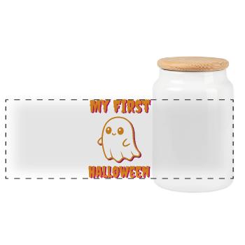 My First Halloween - Baby Ghost Haunted - Panoramic Cookie Jar with Wooden Lid - white - Front