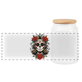 Sugar Skull Femme mit Rosen - Panorama Keksdose mit Holzdeckel - Weiß - Vorne