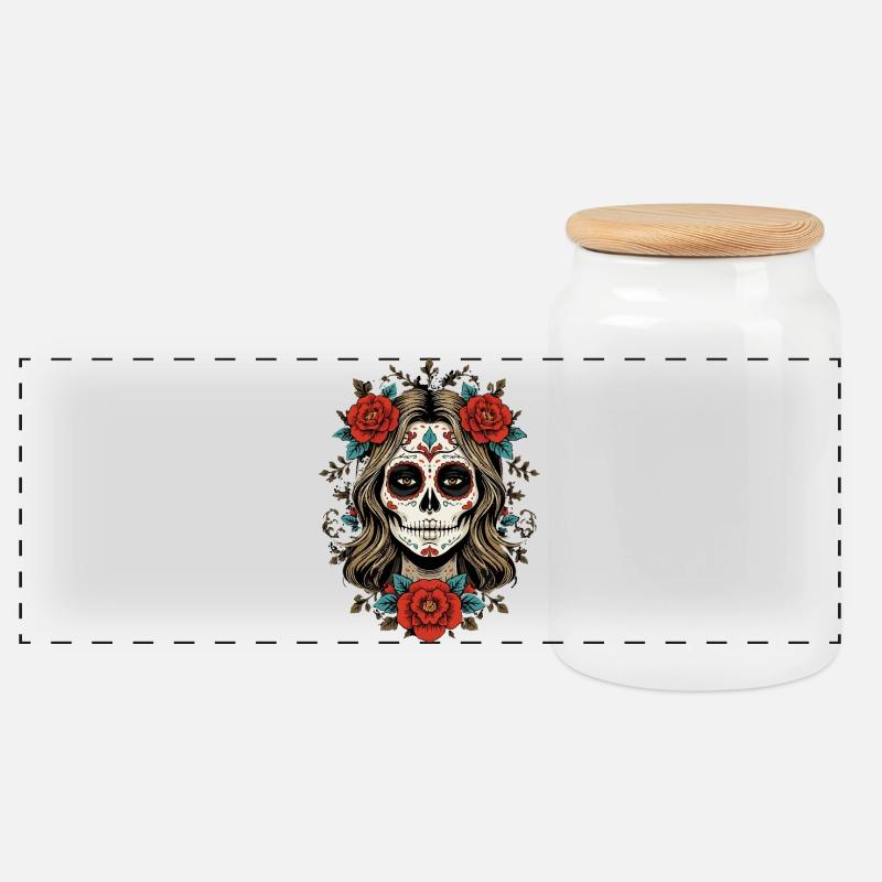 Sugar Skull Femme mit Rosen - Panorama Keksdose mit Holzdeckel - Weiß