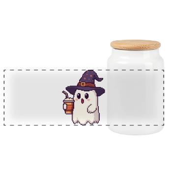 Pixel Geist mit Zauberhut & Pumpkin Spice Latte - Panorama Keksdose mit Holzdeckel - Weiß - Vorne