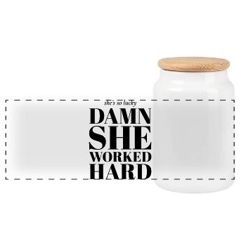 damn she worked hard Feminist quote - Panoramic Cookie Jar with Wooden Lid - white - Front