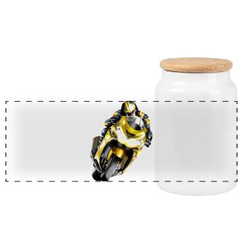 Racer on yellow machine - Panoramic Cookie Jar with Wooden Lid - white - Front