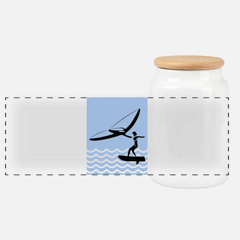 Wingfoil silhouette by the sea - Panoramic Cookie Jar with Wooden Lid - white
