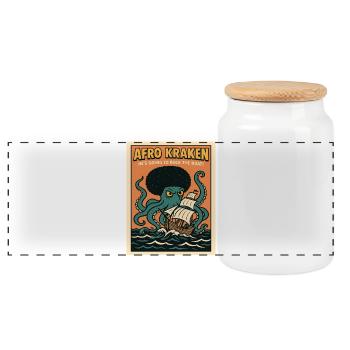 Afro Kraken on the high seas with sailing ship - Panoramic Cookie Jar with Wooden Lid - white - Front