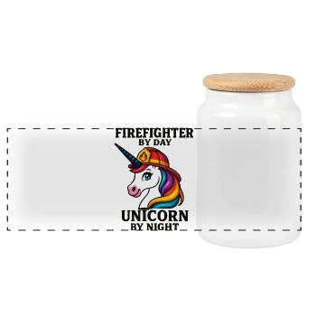 Firefighter Unicorn by Night - Panoramic Cookie Jar with Wooden Lid - white - Front