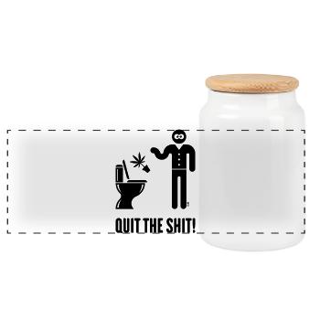 Quit The Shit! (Cannabis / Marijuana / Hemp / B) - Panoramic Cookie Jar with Wooden Lid - white - Front