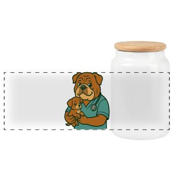 Bulldog Vet Holding Puppy Cute Animal Cartoon - Panoramic Cookie Jar with Wooden Lid - white - Front