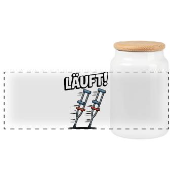 Krücken Spruch – Läuft! Lustiger Genesung Humor - Panorama Keksdose mit Holzdeckel - Weiß - Vorne