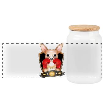 Boxender Chihuahua – Lustiges Boxer Motiv - Panorama Keksdose mit Holzdeckel - Weiß - Vorne