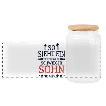 So sieht ein richtig cooler Schwiegersohn aus  - Panorama Keksdose mit Holzdeckel - Weiß - Vorne