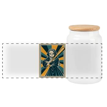 Nun with baseball bat - Panoramic Cookie Jar with Wooden Lid - white - Front
