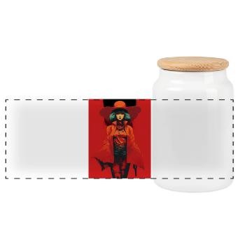 Femme au manteau orange Chapeau large - Boîte à biscuits avec couvercle en bois - blanc - Devant