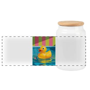 Colorful rubber duck in the pool - Panoramic Cookie Jar with Wooden Lid - white - Front