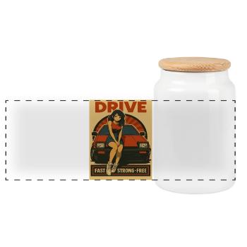Retro Car Japan Girl - Panoramic Cookie Jar with Wooden Lid - white - Front