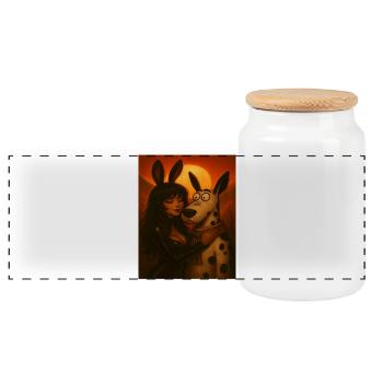 Nuit de lune avec la femme lapin et le chien de dessin animé - Boîte à biscuits avec couvercle en bois - blanc - Devant