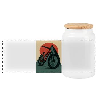 Mountain bike in red sun - Panoramic Cookie Jar with Wooden Lid - white - Front