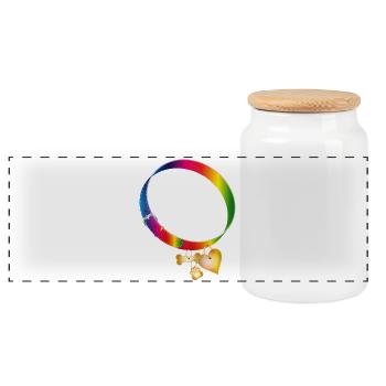 Regenbogen Hundehalsband Motiv mit Anhängern - Panorama Keksdose mit Holzdeckel - Weiß - Vorne