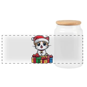 Cat Christmas Gifts Head - Panoramic Cookie Jar with Wooden Lid - white - Front