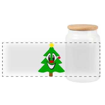 Laughing Christmas Tree Cartoon - Panoramic Cookie Jar with Wooden Lid - white - Front
