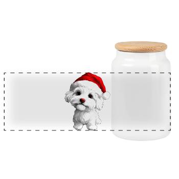 Puppy Christmas - Panoramic Cookie Jar with Wooden Lid - white - Front