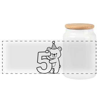 Party Bear with Number 5 Cartoon Illustration - Panoramic Cookie Jar with Wooden Lid - white - Front