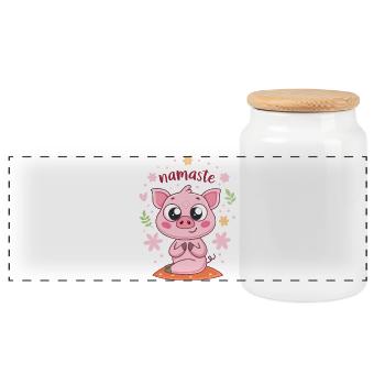Cute Piglet Namaste Floral Kawaii - Panoramic Cookie Jar with Wooden Lid - white - Front