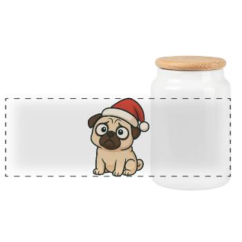 Cute Pug Santa Hat Cartoon Clumsy - Panoramic Cookie Jar with Wooden Lid - white - Front