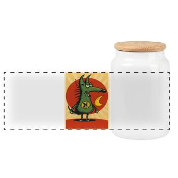 Green Moon Cartoon Type - Panoramic Cookie Jar with Wooden Lid - white - Front