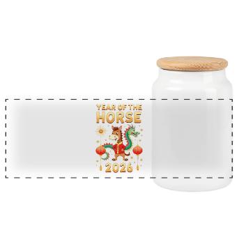 Chinese New Year Of The Horse 2026 - Panoramic Cookie Jar with Wooden Lid - white - Front
