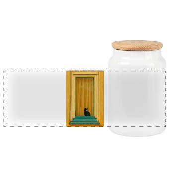 Cat in Turquoise Window Frame - Panoramic Cookie Jar with Wooden Lid - white - Front