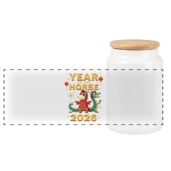Chinese New Year Of The Horse 2026 - Panoramic Cookie Jar with Wooden Lid - white - Front