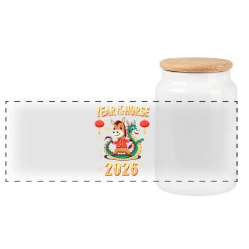 Chinese New Year Of The Horse 2026 - Panoramic Cookie Jar with Wooden Lid - white - Front