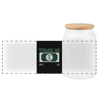 Time is Money – 2025 Design - Panoramic Cookie Jar with Wooden Lid - white - Front