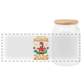 Chinese New Year Of The Horse 2026 - Panoramic Cookie Jar with Wooden Lid - white - Front