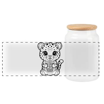 Leopard mit Becher - Panorama Keksdose mit Holzdeckel - Weiß - Vorne