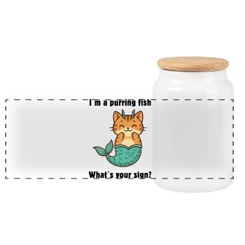 Sweet Pisces Cat – Zodiac sign full of magic - Panoramic Cookie Jar with Wooden Lid - white - Front